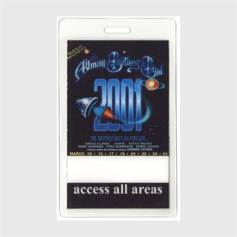 Allman Brothers 2001 Concert Tour All Access Laminate Backstage Pass