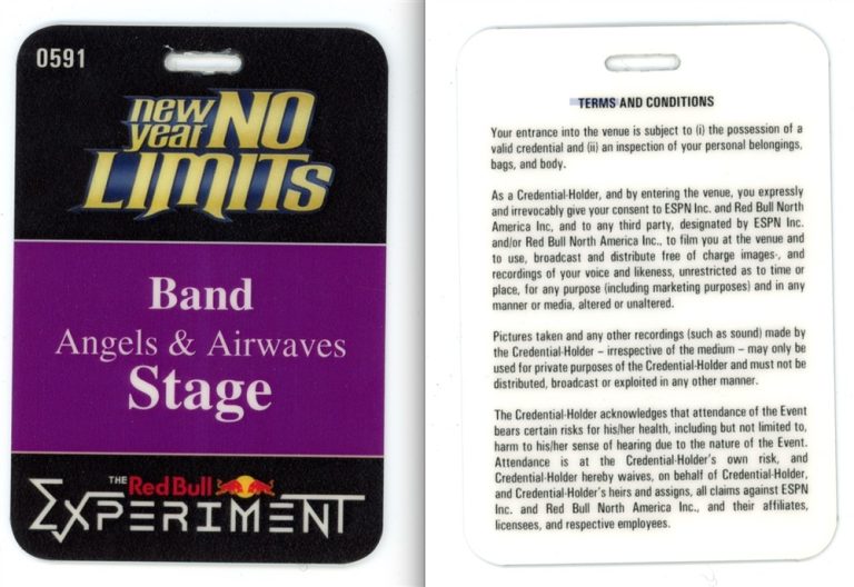 Angels & Airwaves Tom Delonge STAGE 2010 Backstage Laminated Pass - Blink 182
