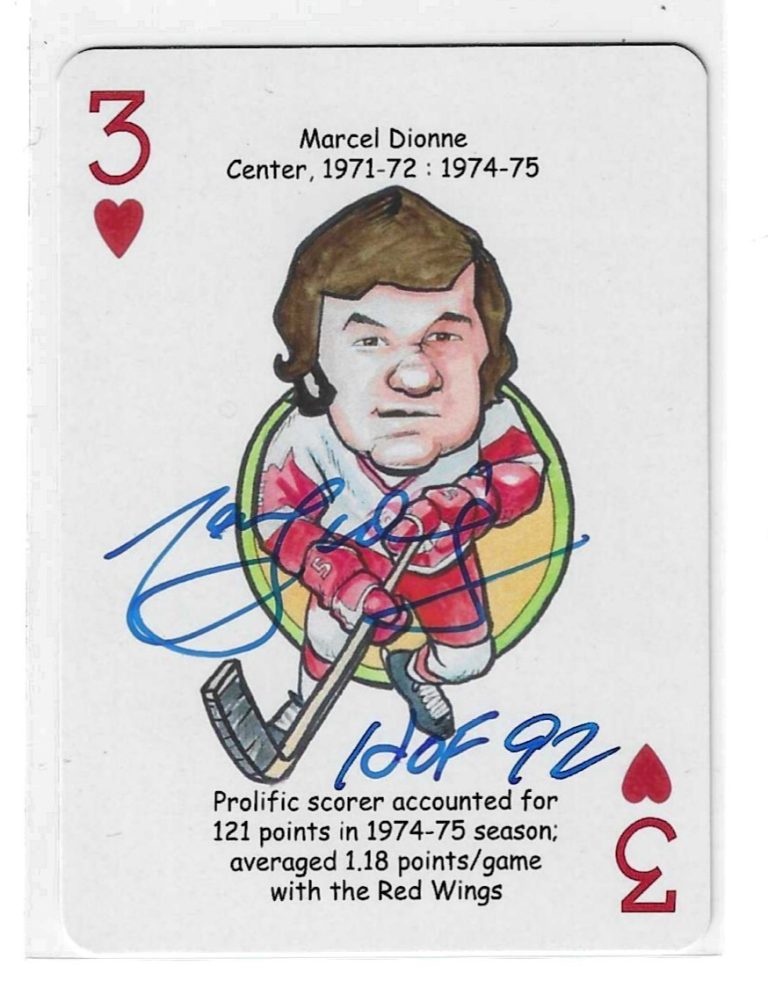 Marcel Dionne Signed Three (3) of Hearts Playing Card Detroit Red Wings