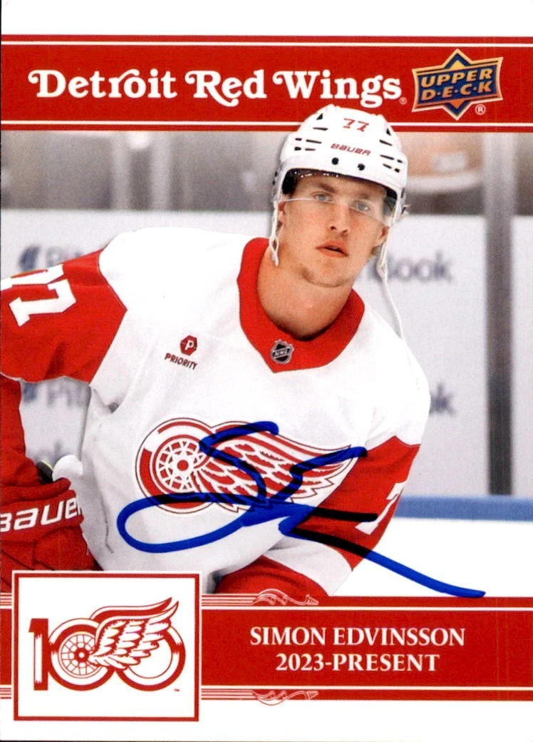 Simon Edvinsson Signed 2025/26 Upper Deck Detroit Red Wings Centennial Card #88