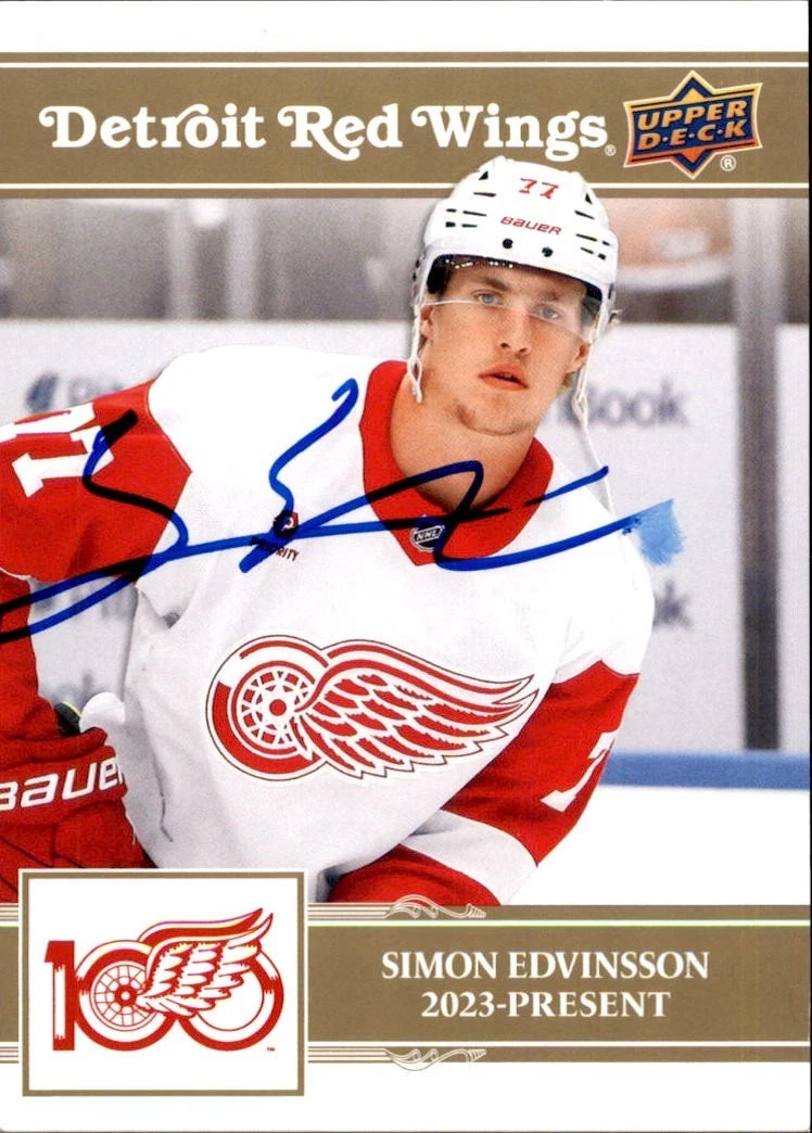 Simon Edvinsson Signed 2025/26 Upper Deck Detroit Red Wings Centennial Gold Card