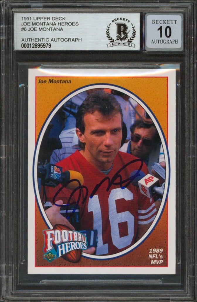 49ERS JOE MONTANA SIGNED 1991 UPPER DECK HEROES #6 CARD AUTO GRADED 10! BAS SLAB COLLECTIBLE MEMORABILIA
