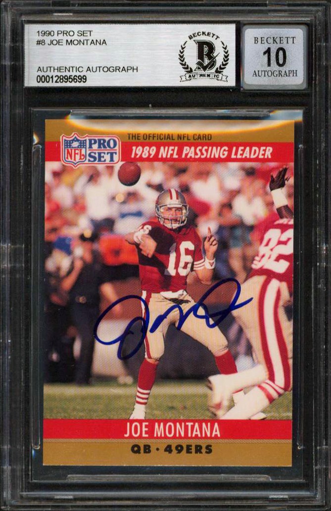 49ers Joe Montana Signed 1990 Pro Set #8 Card Auto Graded Gem 10! BAS Slabbed