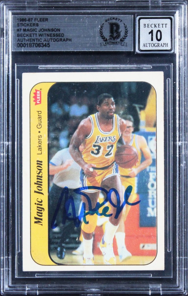 Lakers Magic Johnson Signed 1986 Fleer Stickers #7 Card Auto GM 10! BAS Slabbed