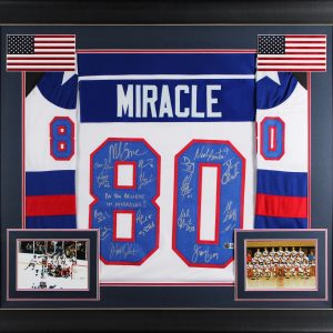 1980 USA Hockey 18 Autos Craig, Eruzione, Broten Signed White Framed Jersey BAS