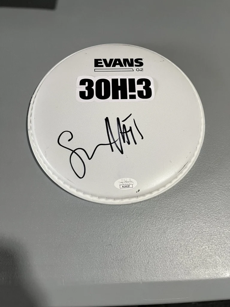 3OH!3 SEAN FOREMAN NATHANIEL MOTTE SIGNED DRUM HEAD AUTOGRAPH JSA CERTIFIED