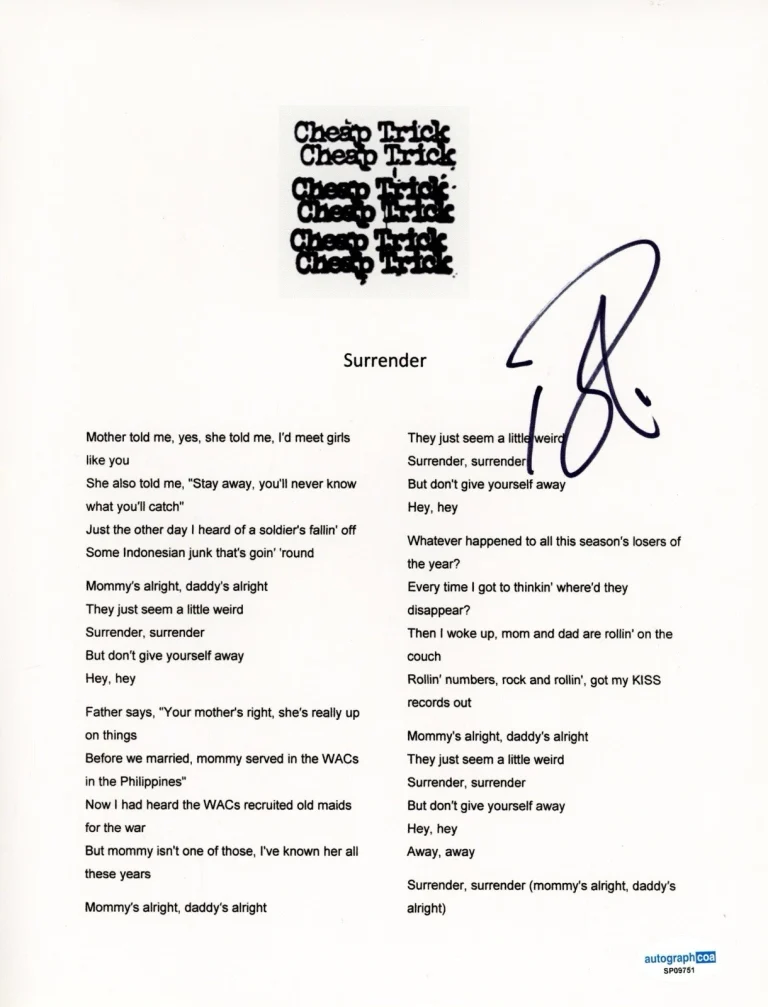 Robin Zander signed Cheap Trick Surrender Lyric sheet  autographed ACOA COA