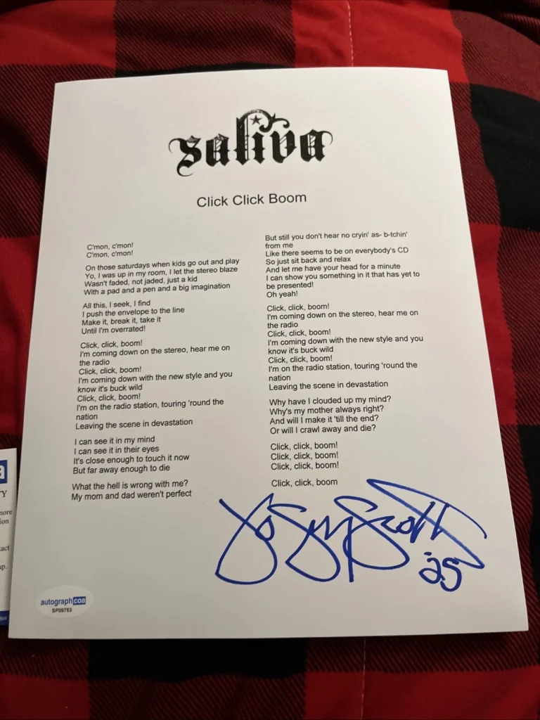 SALIVA JOSEY SCOTT SIGNED AUTOGRAPHED LYRIC ACOA CERTIFIED CLICK CLICK BOOM RARE