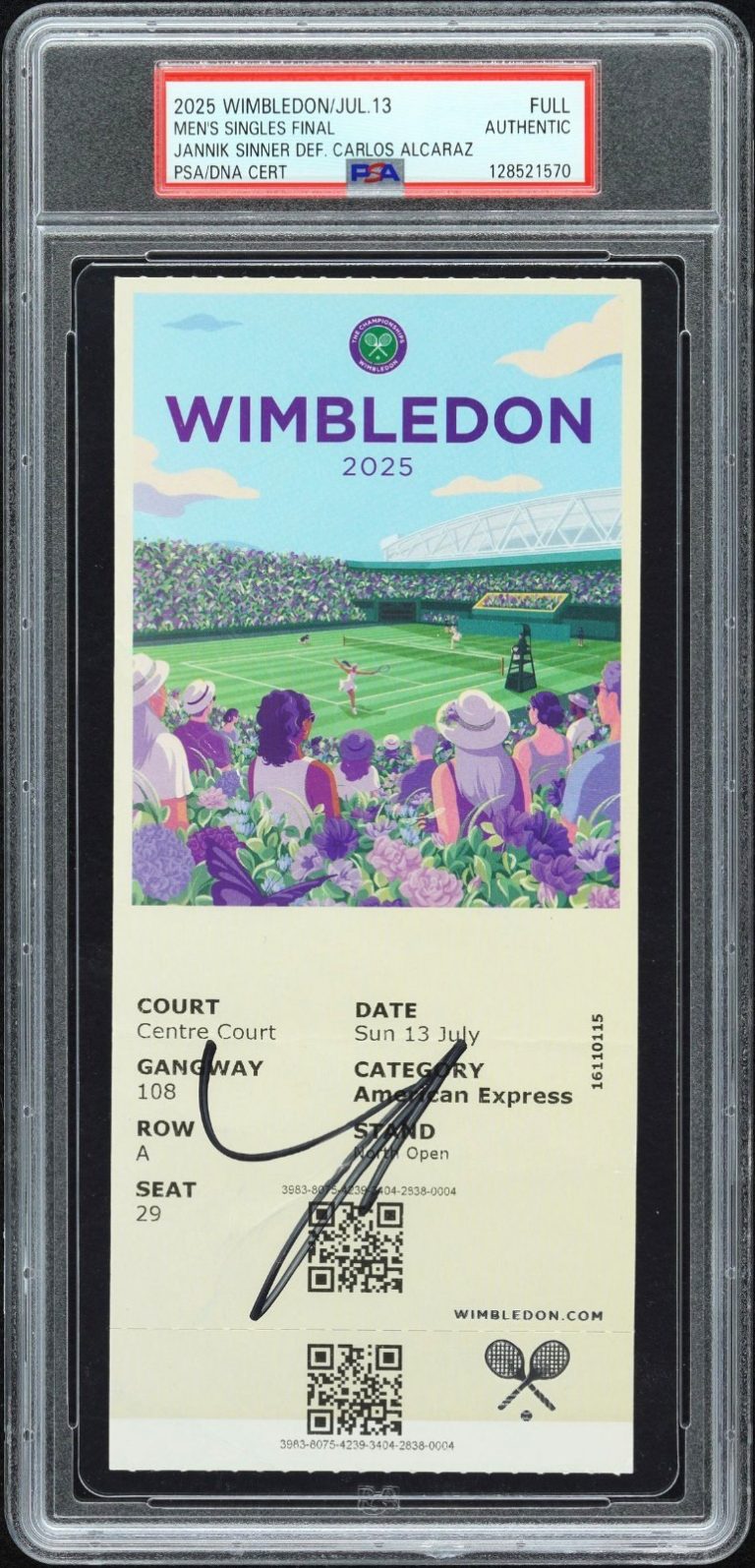 JANNIK SINNER SIGNED 2025 WIMBLEDON CHAMPIONSHIP FINALS TICKET STUB AUTO PSA