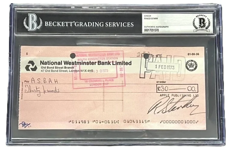 Ringo Starr Signed 1973 Apple Publishing LTD Beatles Bank Check Beckett BAS