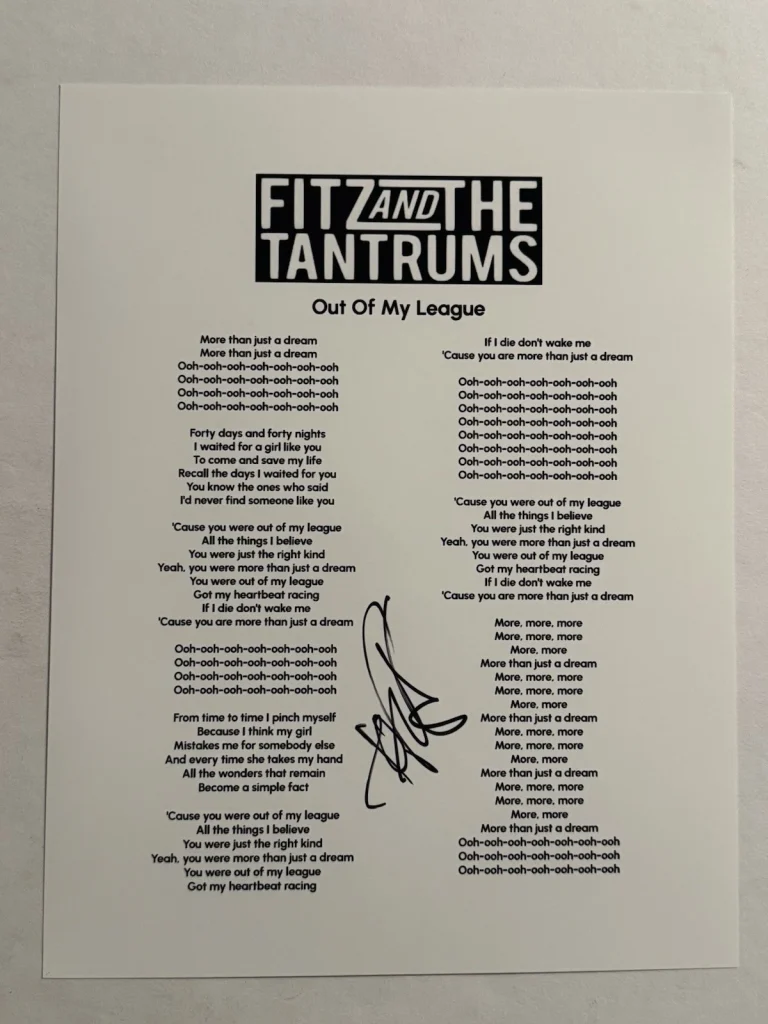 MICHAEL FITZPATRICK SIGNED LYRIC SHEET AUTOGRAPH FITZ & THE TANTRUMS SINGER COA