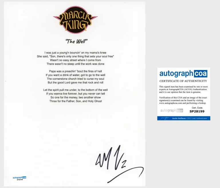 'Marcus King' Signed Lyric Sheet 'The Well' ACOA