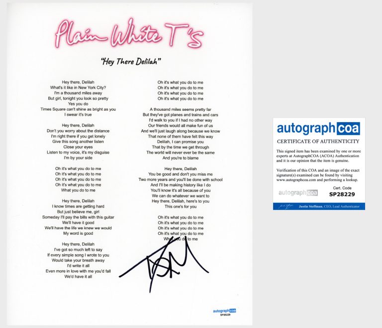 Tom Higgenson 'Plain White T's' Signed Lyric Sheet 'Hey There Delilah' ACOA