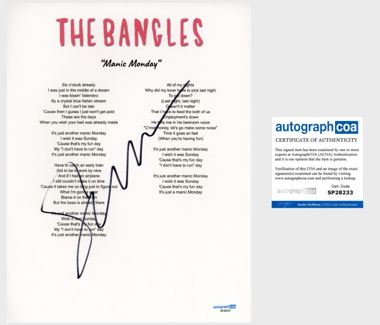 Susanna Hoffs 'The Bangles' Signed Lyric Sheet 'Manic Monday' ACOA ...