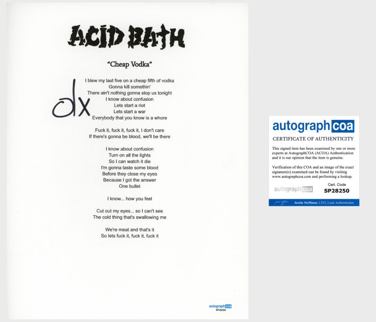 Dax Riggs 'Acid Bath' Band Signed Lyric Sheet 'Cheap Vodka' ACOA
