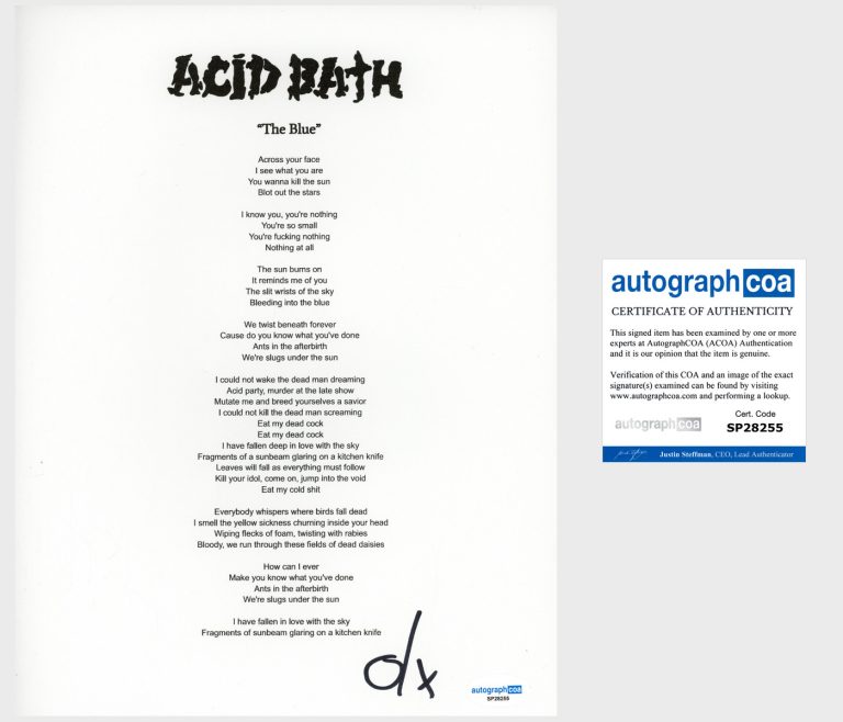 Dax Riggs 'Acid Bath' Band Signed Lyric Sheet 'The Blue' ACOA