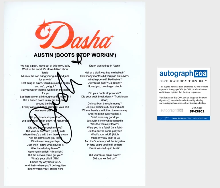 DASHA COUNTRY STAR SIGNED AUTOGRAPH AUSTIN BOOTS STOP WORKIN' LYRIC SHEET & COA