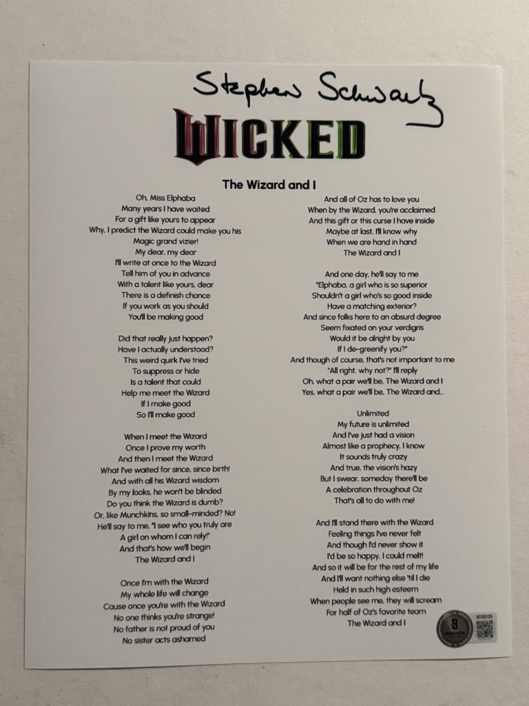 STEPHEN SCHWARTZ SIGNED LYRIC SHEET AUTOGRAPHED WICKED MOVIE COMPOSER BAS COA