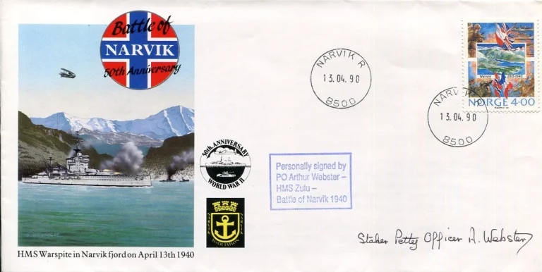 PO Arthur Webster WWII War HMS Zulu Battle Of Narvik Signed Autograph