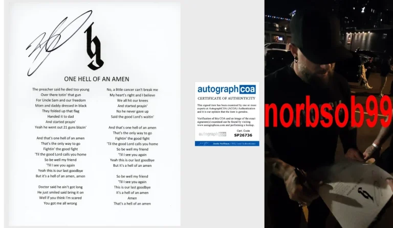 BRANTLEY GILBERT SIGNED ONE HELL OF AN AMEN LYRIC SHEET w/EXACT PROOF & ACOA COA