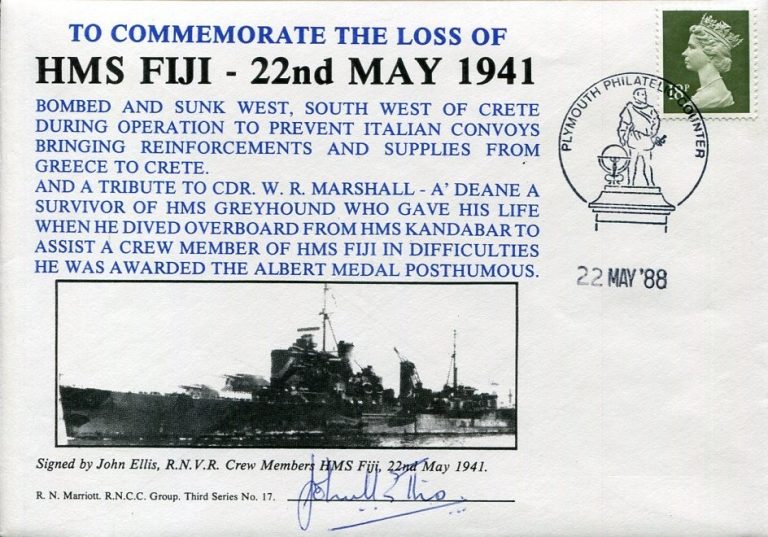 John Ellis HMS Fiji Crew Sinking Survivor WWII War Signed Autograph