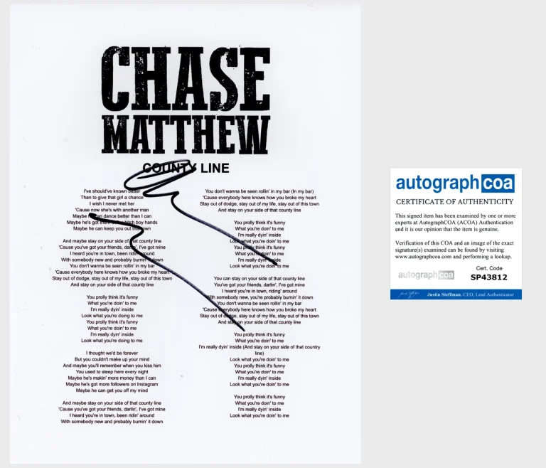 CHASE MATTHEW SIGNED COUNTY LINE LYRIC SHEET w/PROOF & AUTOGRAPH COA ACOA
