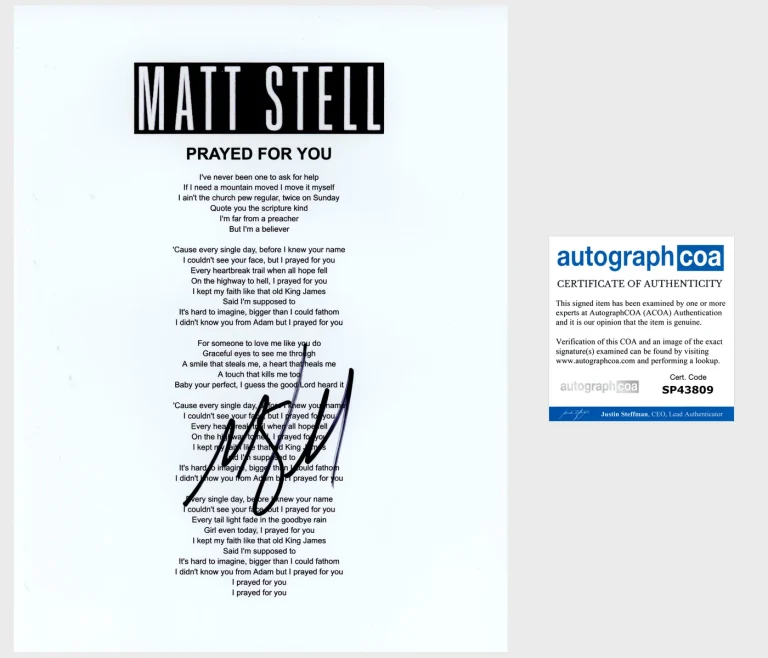 MATT STELL SIGNED PRAYED FOR YOU LYRIC SHEET w/PROOF & AUTOGRAPH COA ACOA