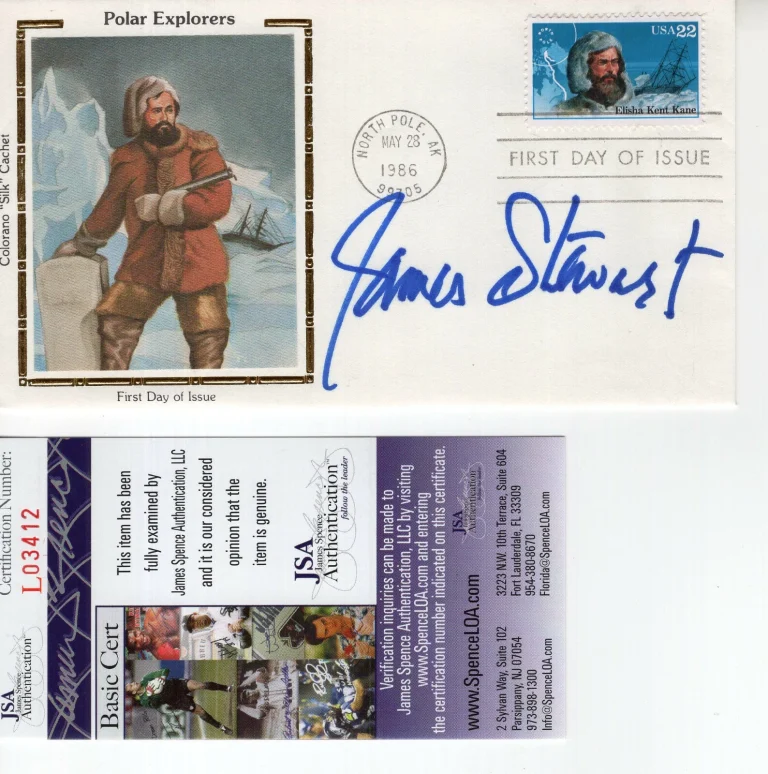 JIMMY STEWART HAND SIGNED POLAR EXPLORERS COLOR SILK FDC 1986    VERY RARE   JSA