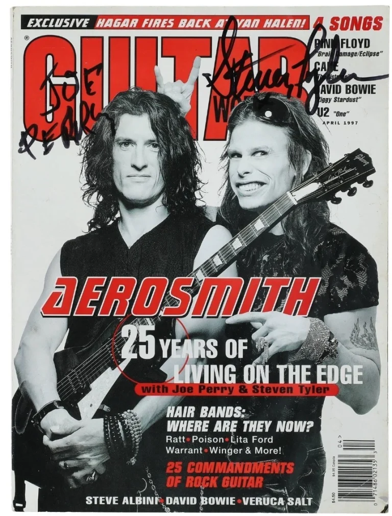 Steven Tyler Joe Perry Signed April 1997 Guitar Magazine Aerosmith Beckett BAS