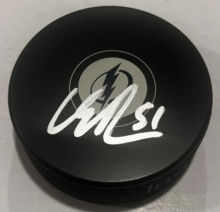 CHARLE-EDOUARD D'ASTOUS SIGNED TAMPA BAY LIGHTNING HOCKEY PUCK W/ CASE COA