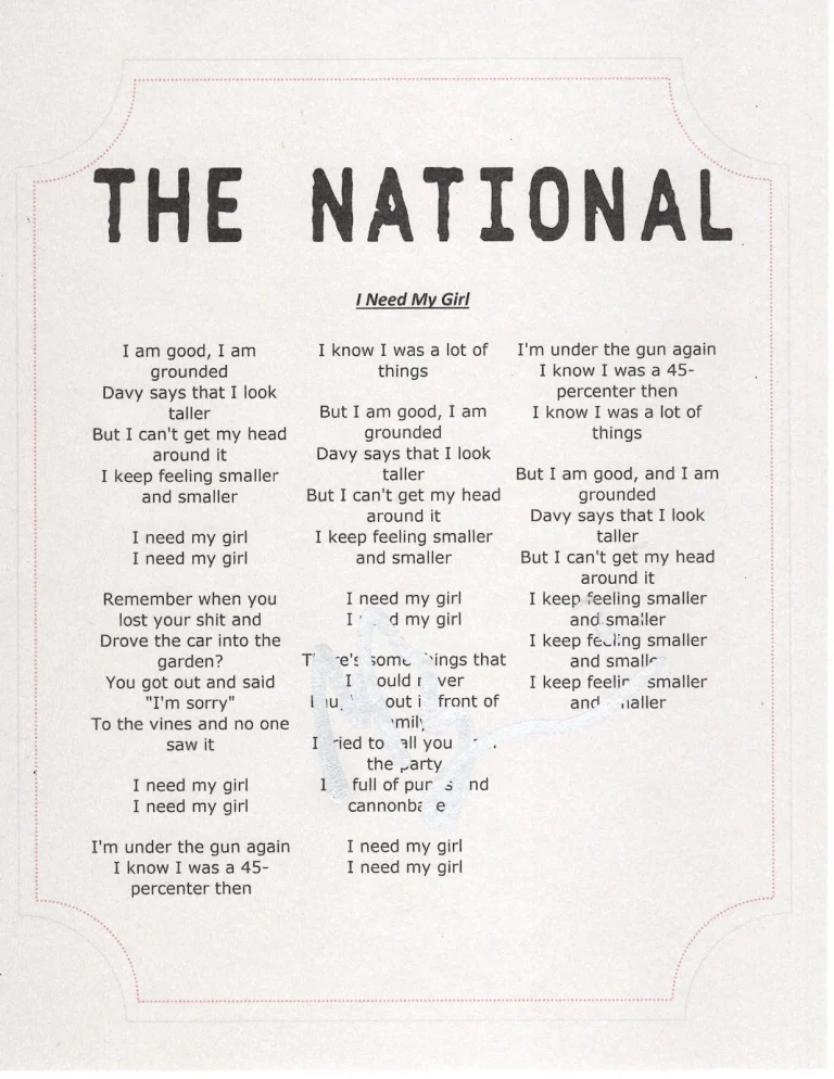 THE NATIONAL MATT BERNINGER SIGNED I NEED MY GIRL LYRIC SHEET