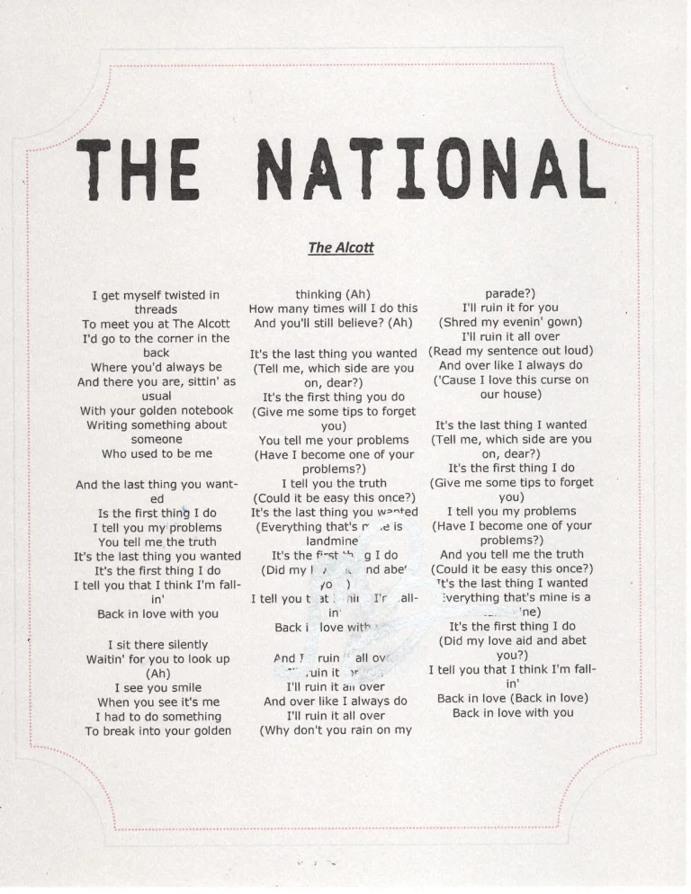 THE NATIONAL MATT BERNINGER SIGNED THE ALCOTT LYRIC SHEET