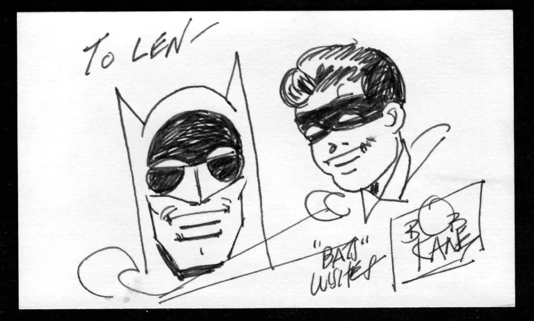 Bob Kane Signed Autographed 3x5 Card w Batman & Robin Sketch Beckett BAS Cert