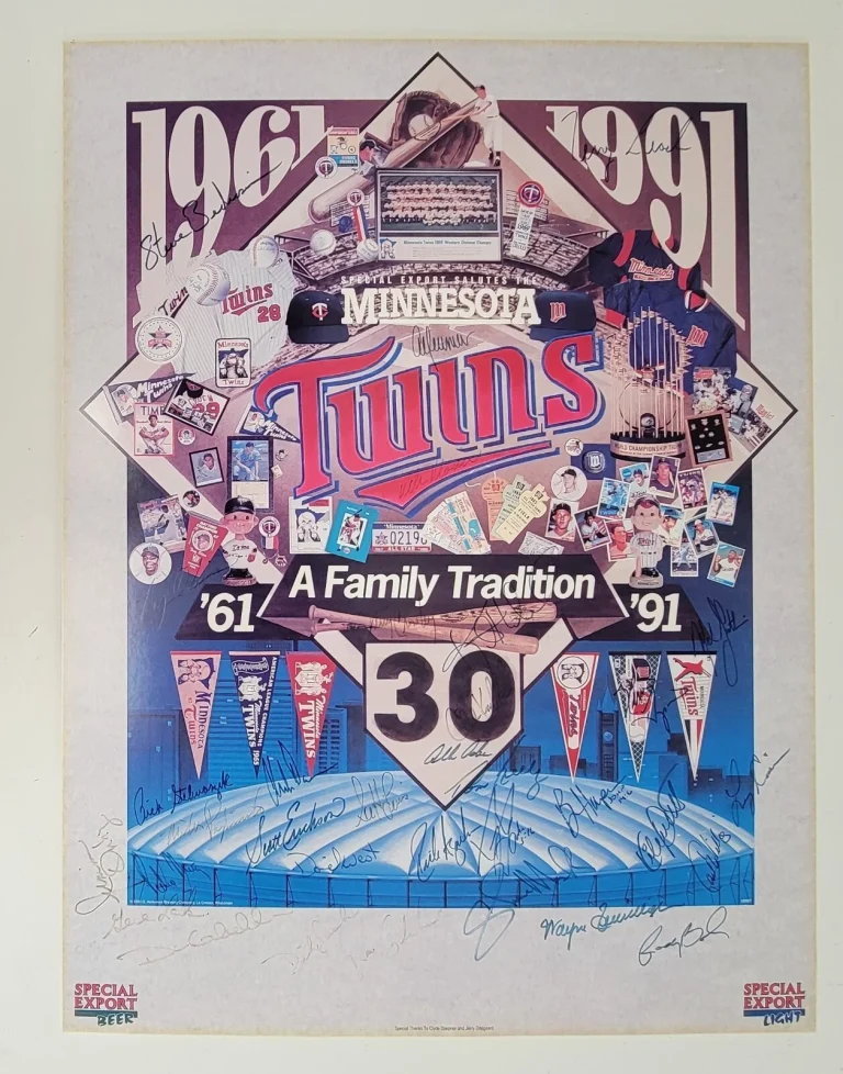 1991 Minnesota Twins World Series Champs Team Signed 18x24 Poster Beckett COA