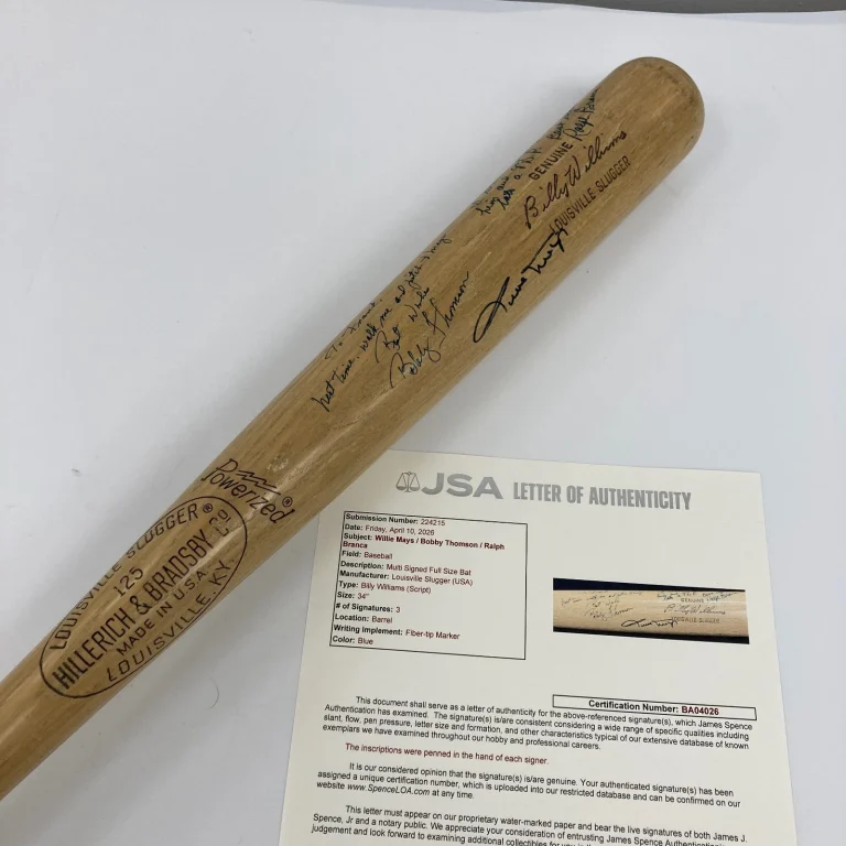 Willie Mays, Bobby Thomson & Ralph Branca Signed Baseball Bat JSA COA