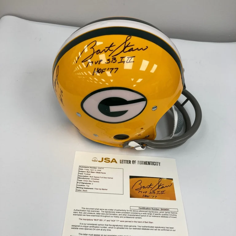 Bart Starr MVP Super Bowl HOF 1977 & Favre Signed Green Bay Packers Helmet JSA