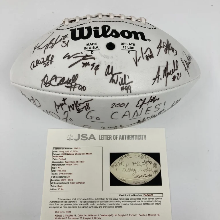 2001 Miami Hurricanes NCAA National Champions Team Signed Football JSA COA