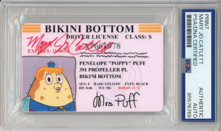 SPONGEBOB SQUAREPANTS MRS PUFF DRIVERS LICENSE AUTOGRAPH MARY JO CATLETT PSA DNA