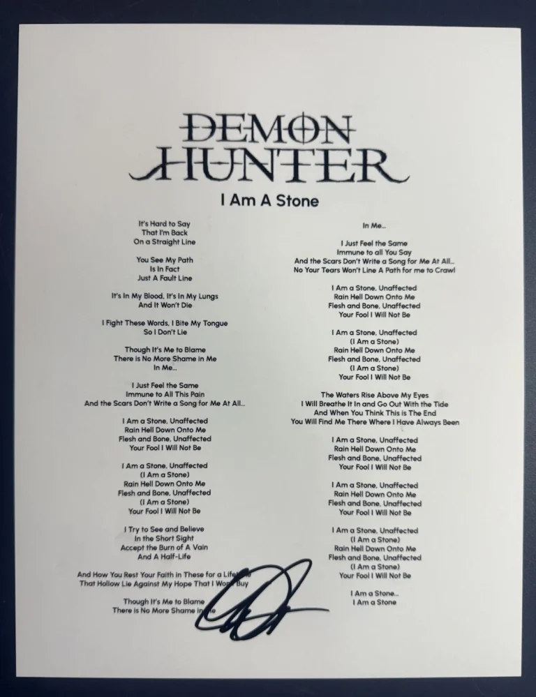 RYAN CLARK SIGNED LYRIC SHEET DEMON HUNTER SINGER I AM A STONE AUTOGRAPH COA