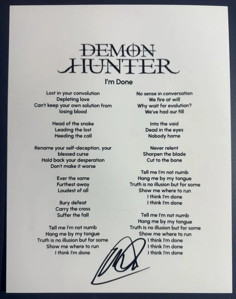 RYAN CLARK SIGNED LYRIC SHEET DEMON HUNTER SINGER I’M DONE AUTOGRAPH COA