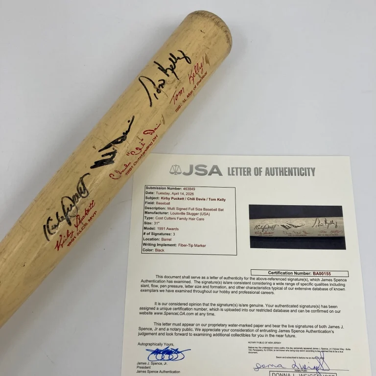 Kirby Puckett Tom Kelly Signed 1991 World Series Champs Baseball Bat JSA COA