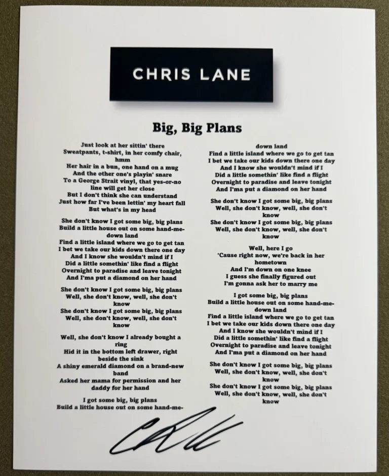 CHRIS LANE SIGNED LYRIC SHEET BIG, BIG PLANS AUTHENTIC AUTOGRAPH COA