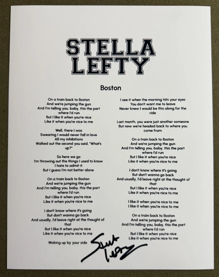 STELLA LEFTY SIGNED LYRIC SHEET BOSTON AUTHENTIC AUTOGRAPH COA