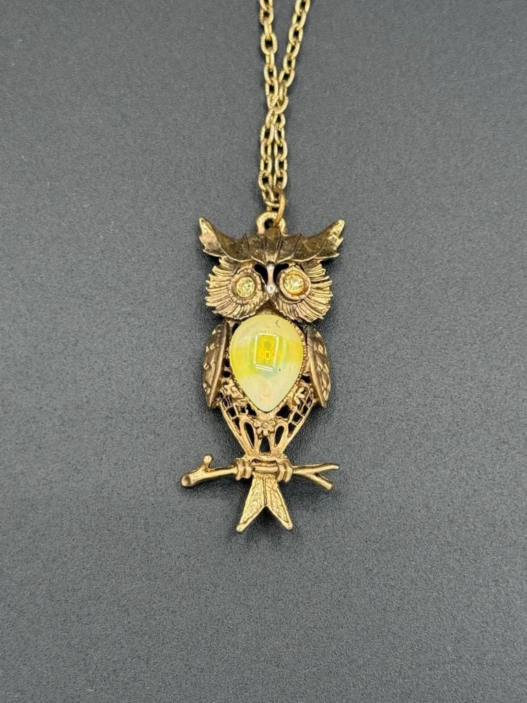 Vintage Owl Necklace Pendant Rhinestone Eyes Yellow 12” Necklace