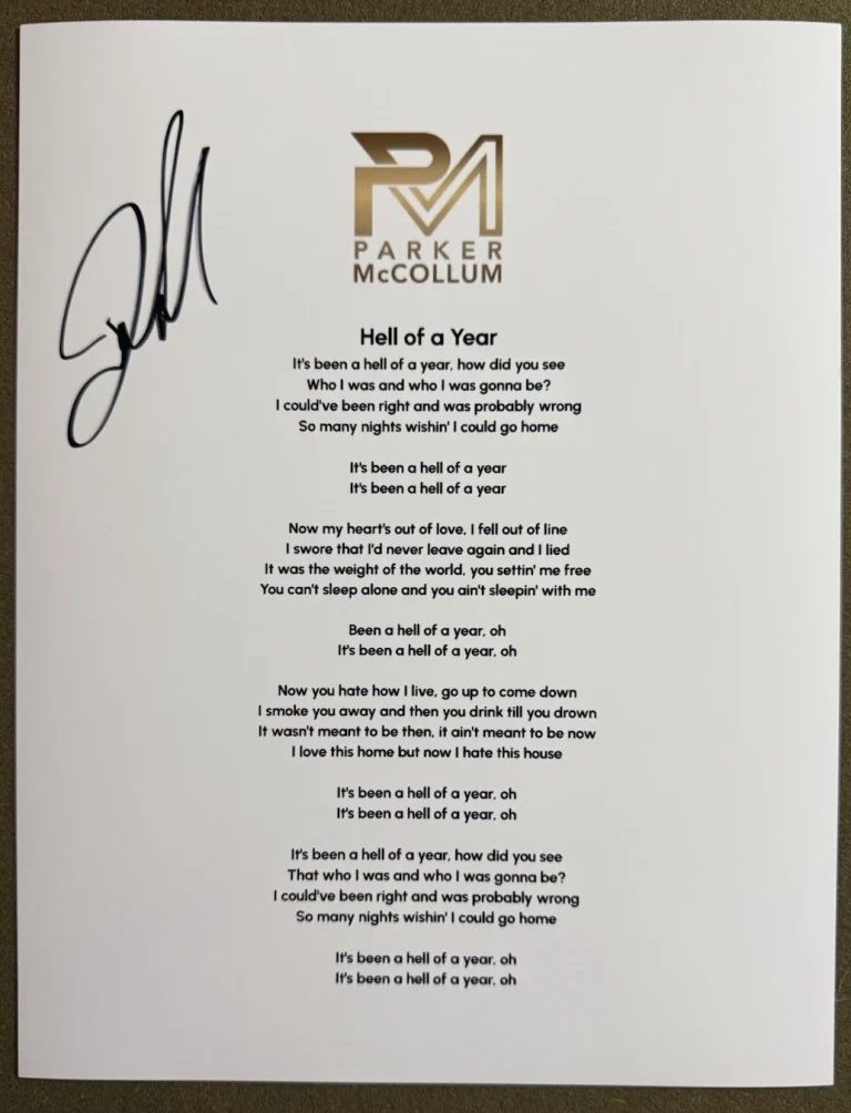 PARKER MCCOLLUM SIGNED LYRIC SHEET HELL OF A YEAR AUTHENTIC AUTOGRAPH COA
