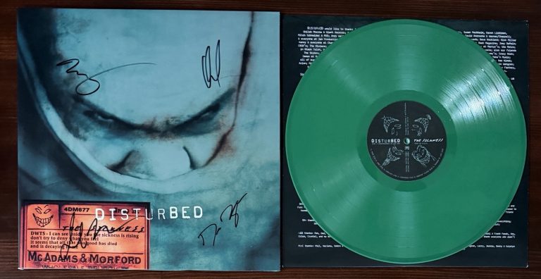 ENTIRE BAND SIGNED DISTURBED THE SICKNESS GREEN VINYL BECKETT BAS COA AUTOGRAPH