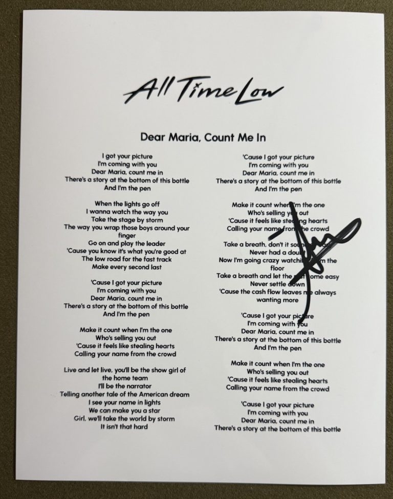 ALEX GASKARTH SIGNED LYRIC SHEET ALL TIME LOW SINGER AUTOGRAPH AUTHENTIC COA
