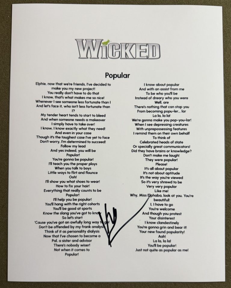KRISTIN CHENOWETH SIGNED POPULAR LYRIC SHEET WICKED AUTOGRAPH AUTHENTIC COA