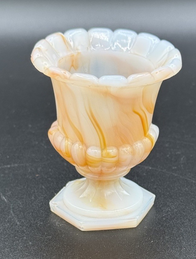 Vintage Akro Agate Mini Pedistal Pot Orange Swirl Slag Marble Made in USA