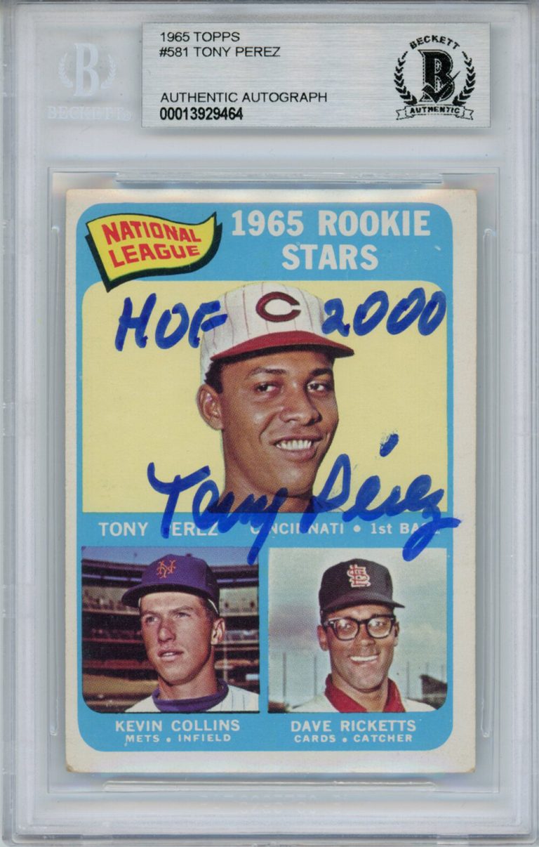 Tony Perez Autographed 1965 Topps #581 Rookie Card HOF Beckett Slab 33685